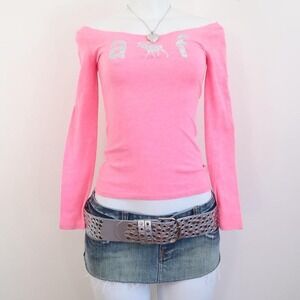 y2k abercrombie pink off shoulder glitter logo top ribbed long sleeve